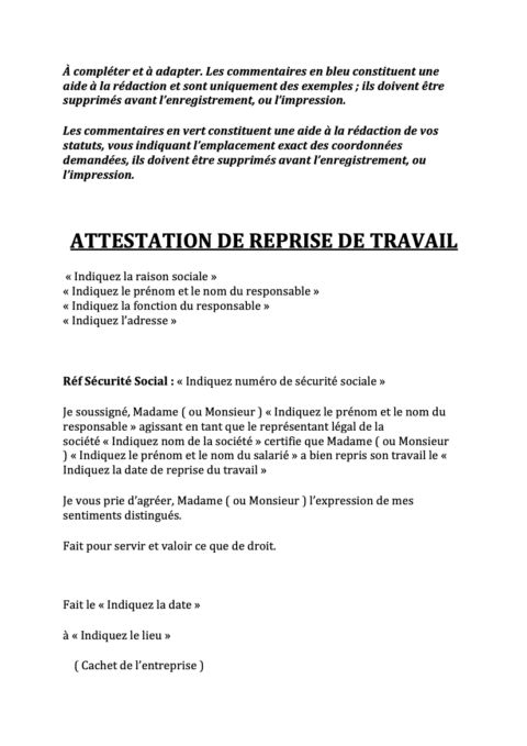 Attestation De Reprise De Travail Mod Le Gratuit