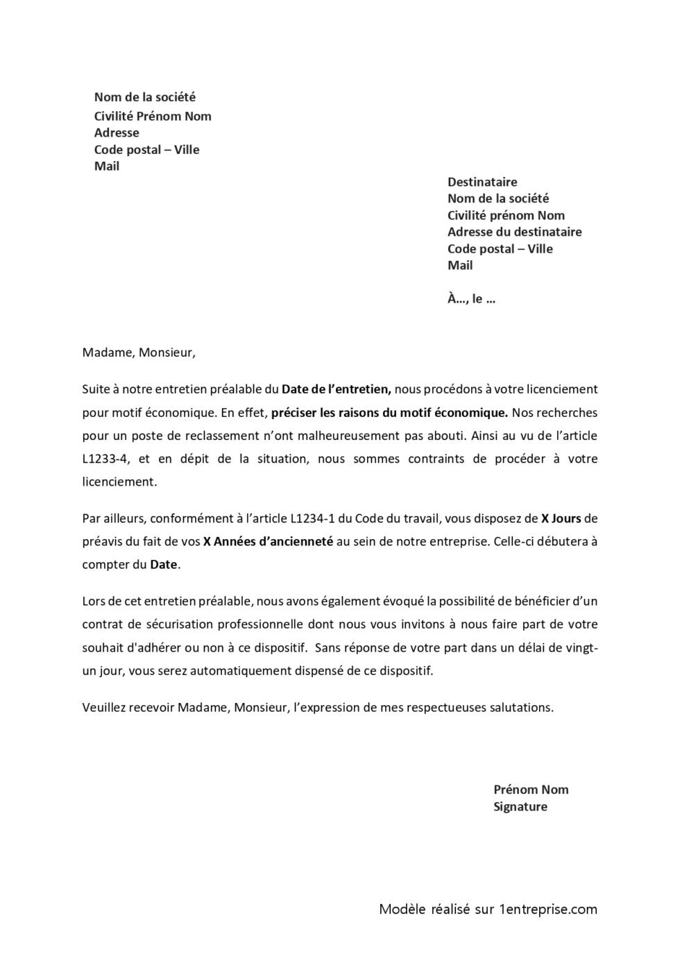 Lettre De Licenciement Conomique Gratuit Et Imm Diat