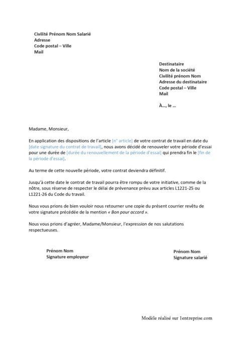 Lettre De Renouvellement De P Riode Dessai Notre Mod Le