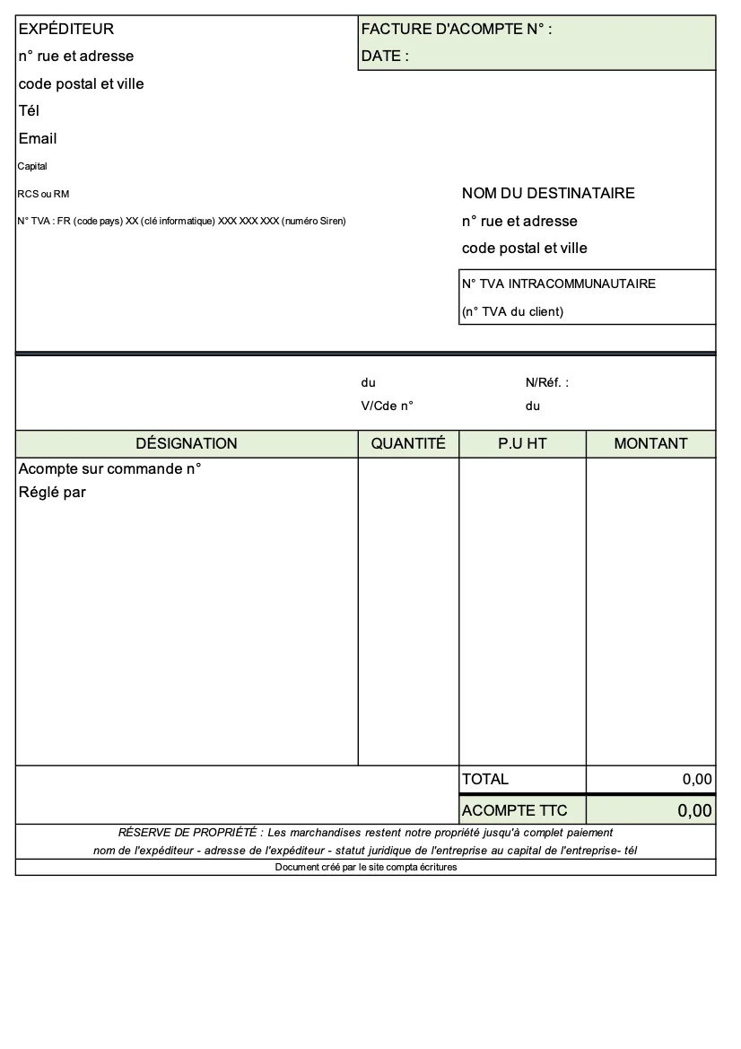 Facture d’acompte Excel