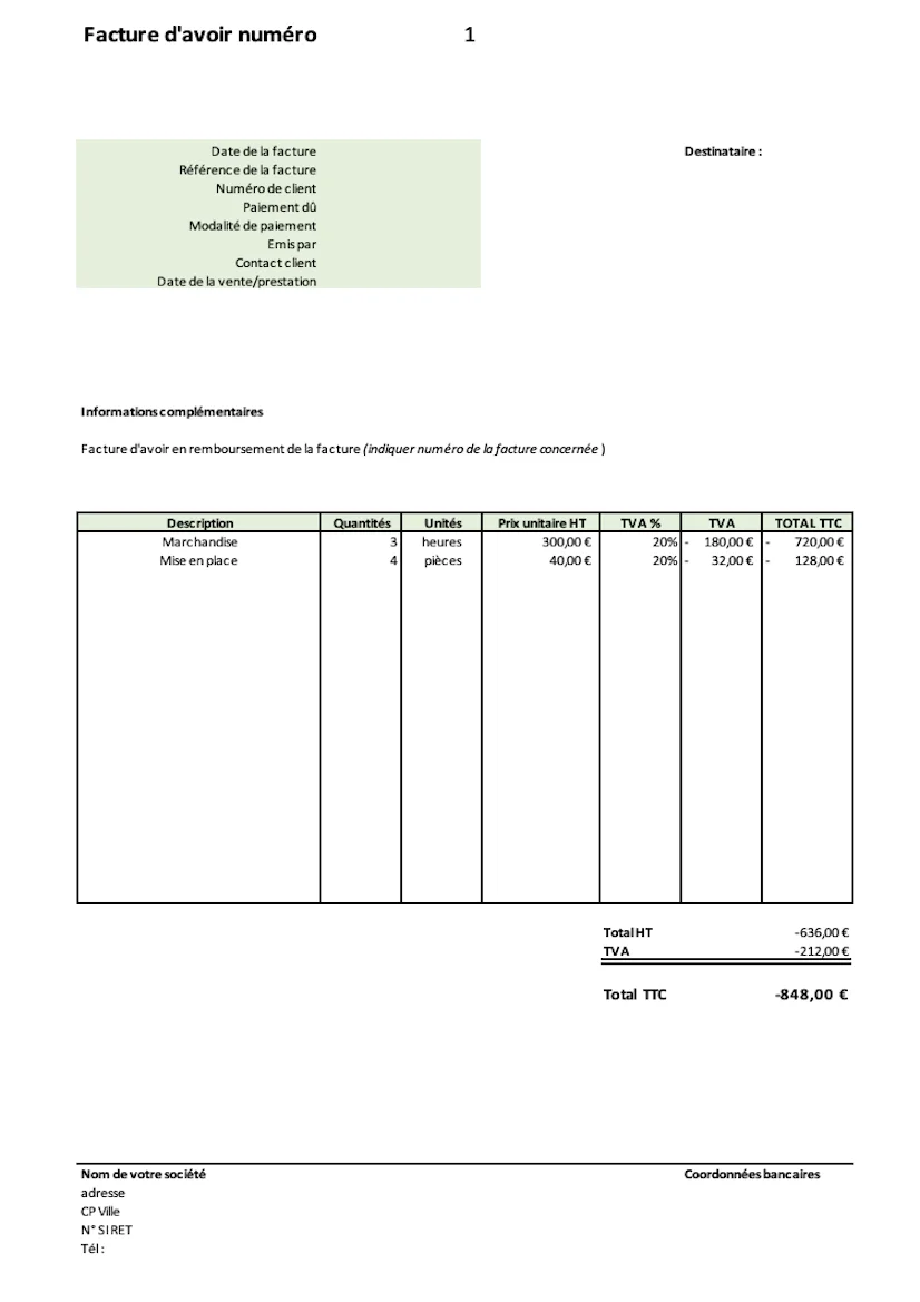Facture d’avoir Excel