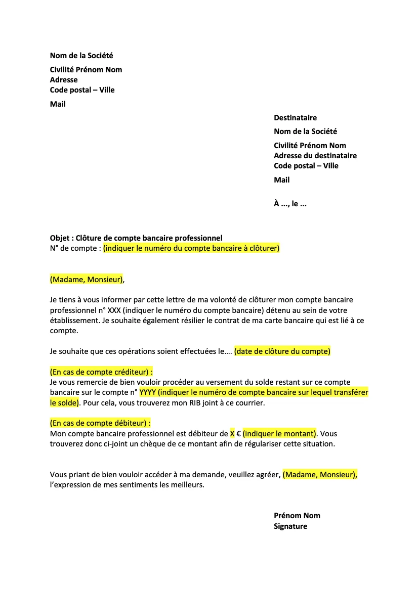 Lettre clôture compte bancaire professionnel