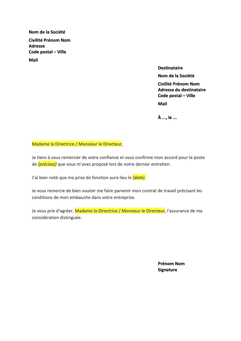 Lettre d’acceptation de poste