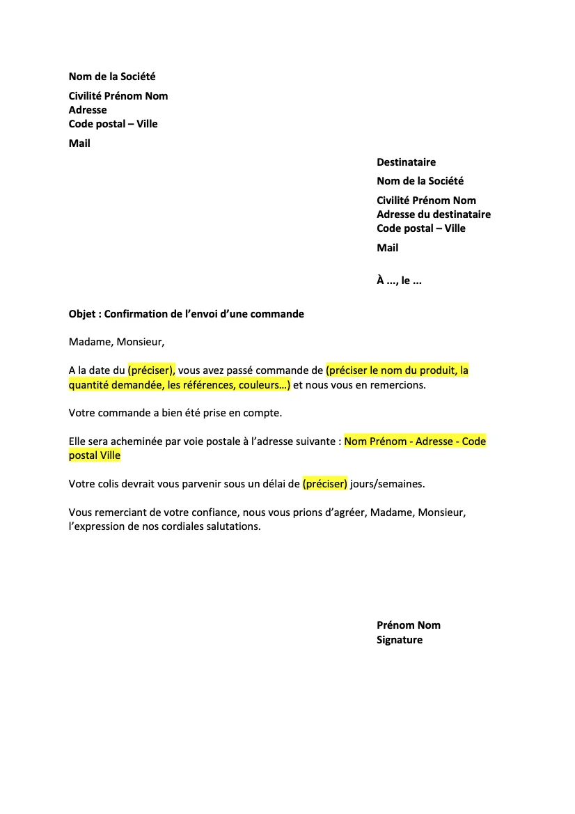 Lettre de confirmation de l’envoi d’une commande à votre client
