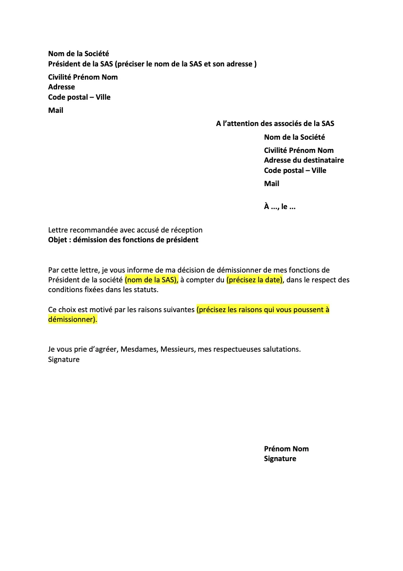Lettre de démission du président SAS