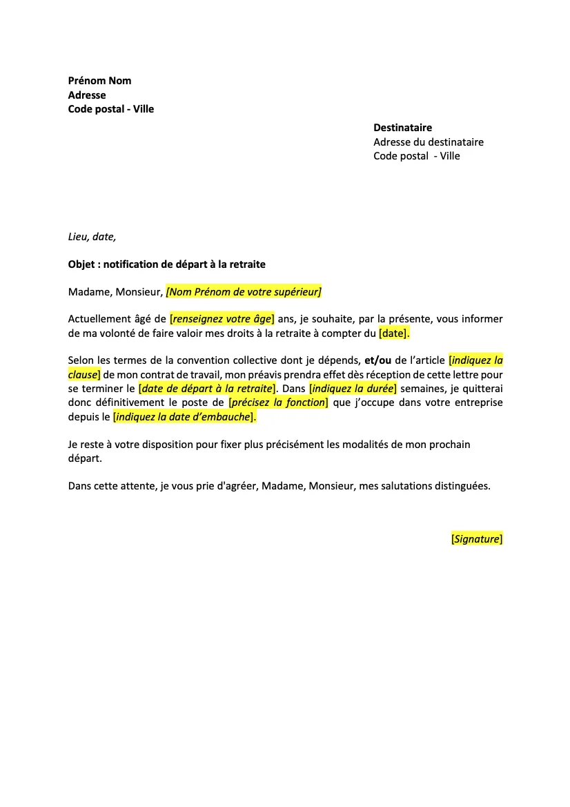 Lettre de départ retraite