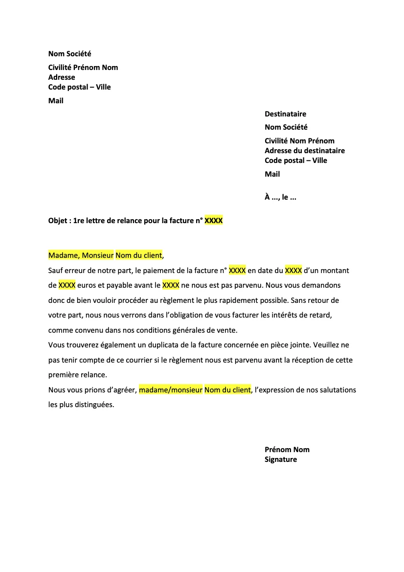 Lettre de relance facture impayée : 1 ère relance