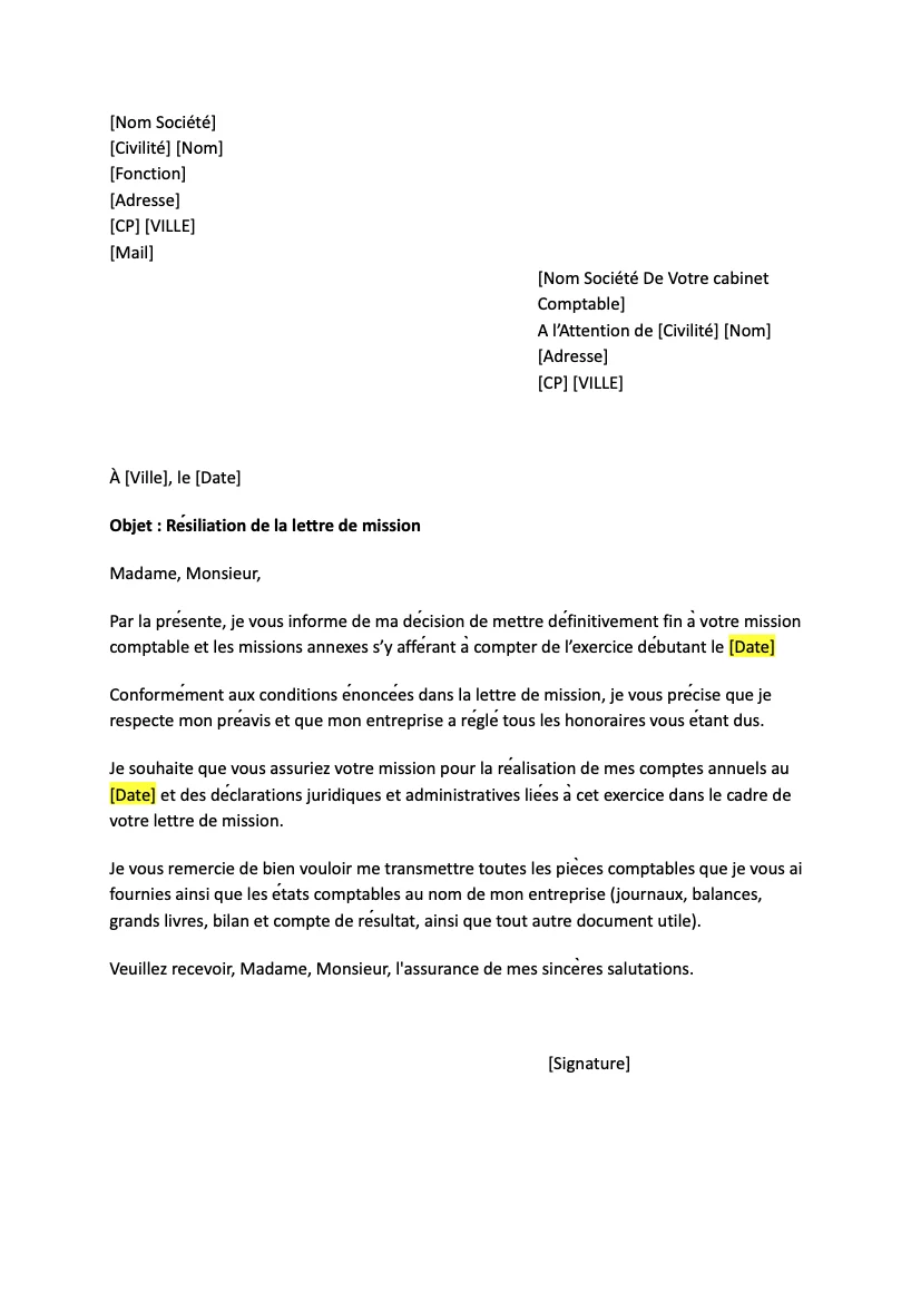 Lettre de résiliation comptable
