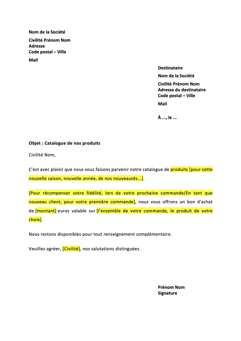 Lettre d&rsquo;envoi d&rsquo;un descriptif produit à votre client