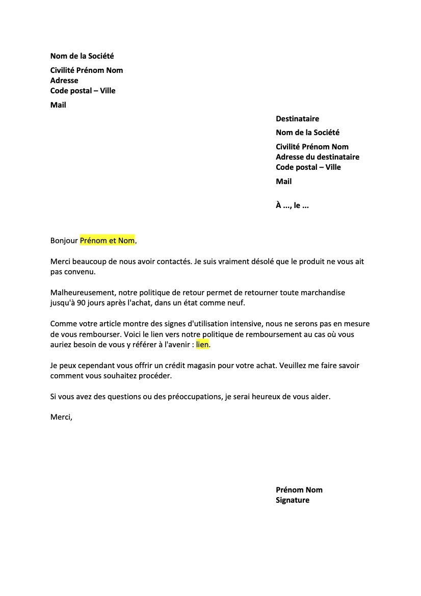 Lettre pour contester la demande en remboursement d’un client