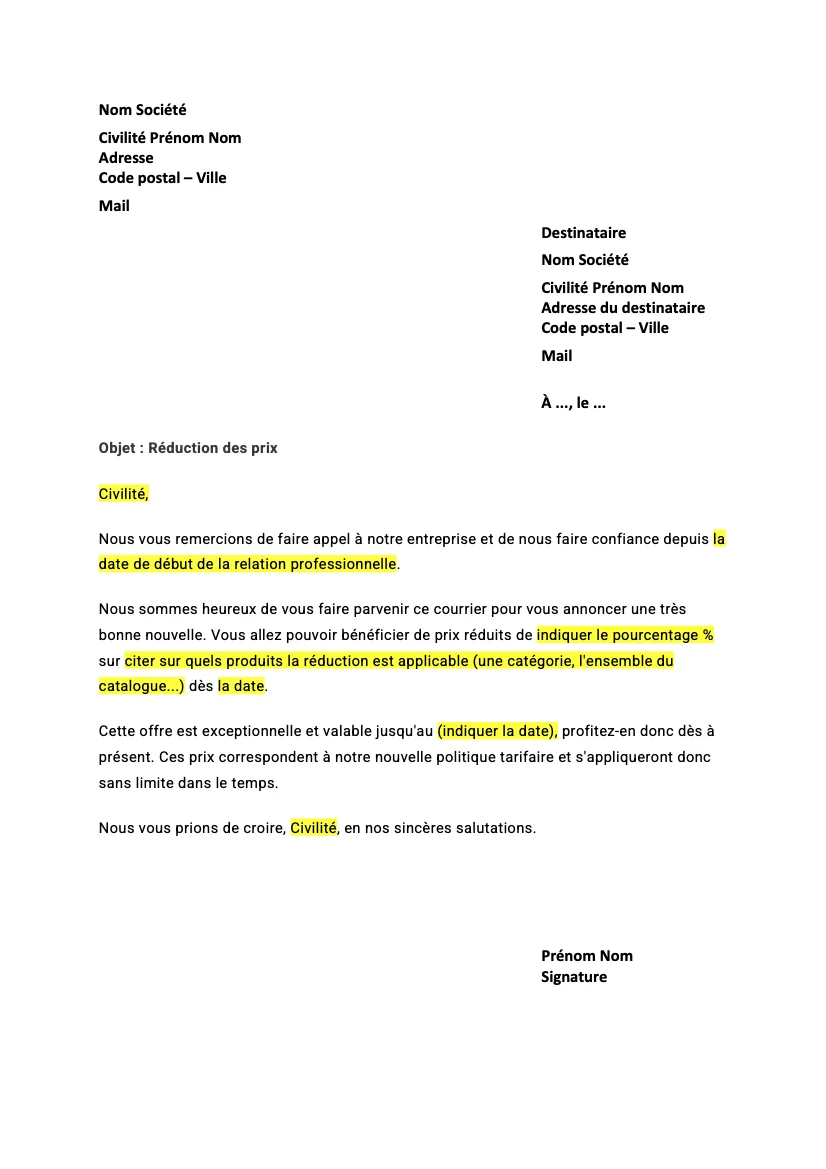 Lettre pour informer un client d&rsquo;une baisse des prix