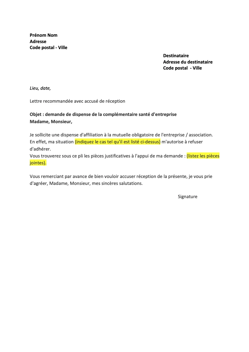 Lettre refus mutuelle d&rsquo;entreprise