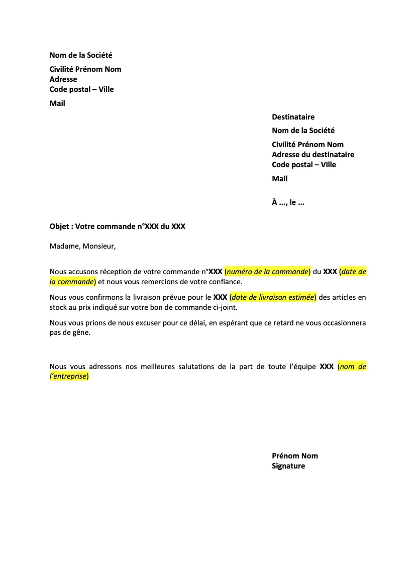 Accusé de réception de commande