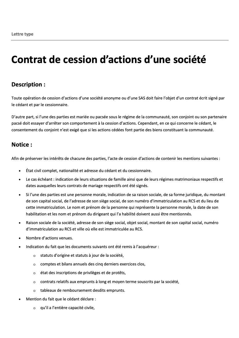 Cession d’actions SAS