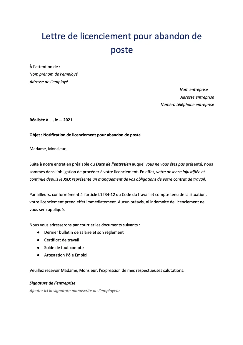 Lettre de licenciement pour abandon de poste