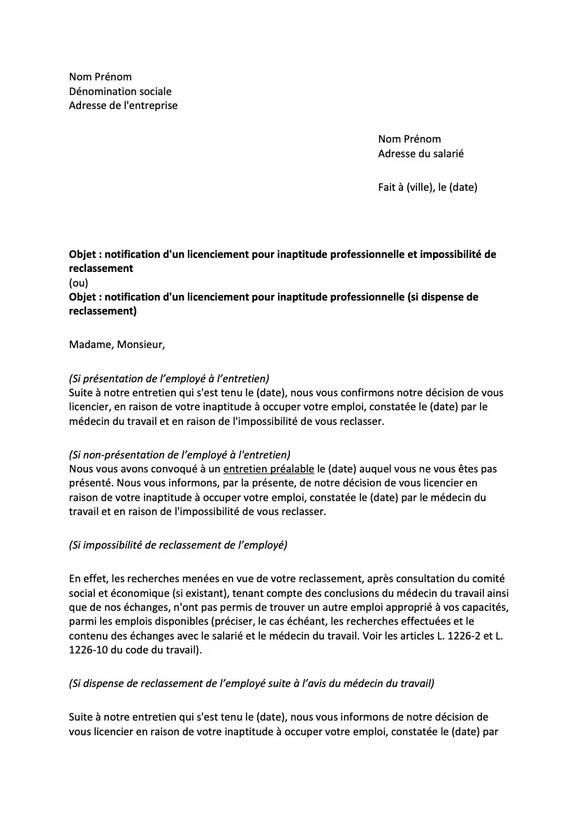 Lettre de licenciement pour inaptitude