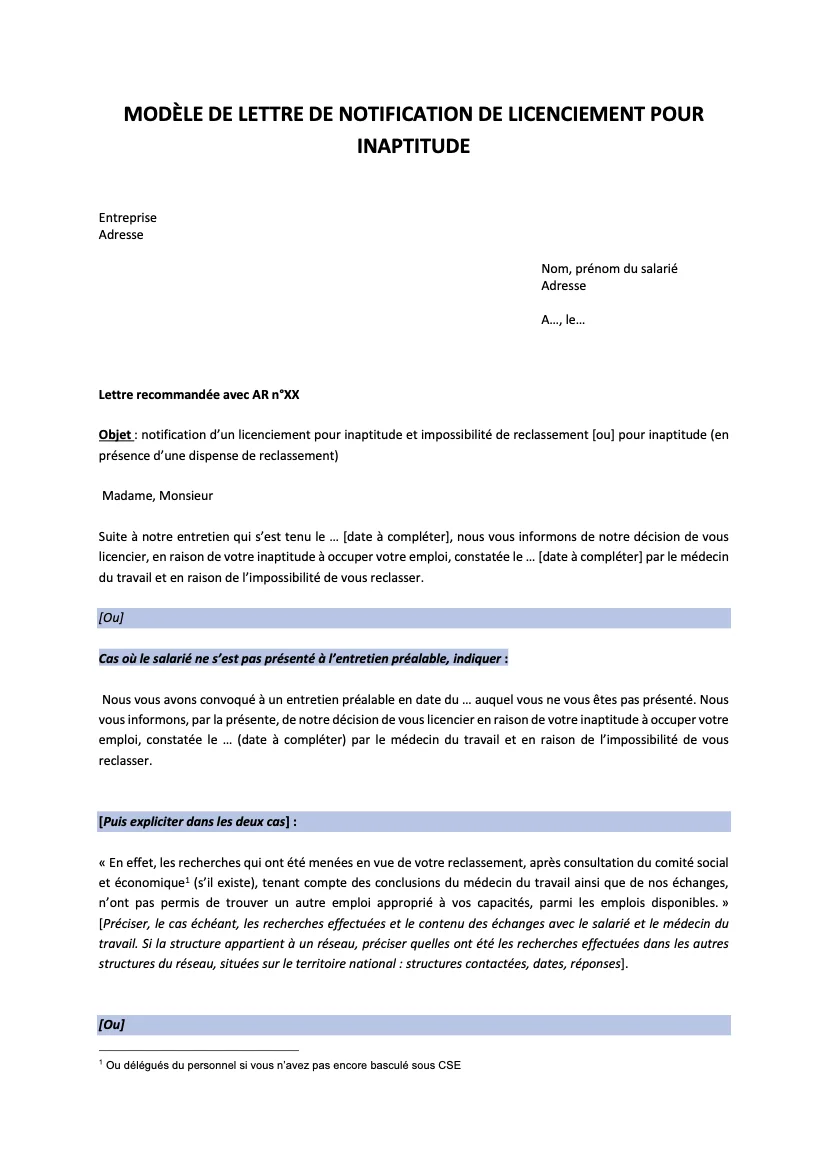 Licenciement pour inaptitude