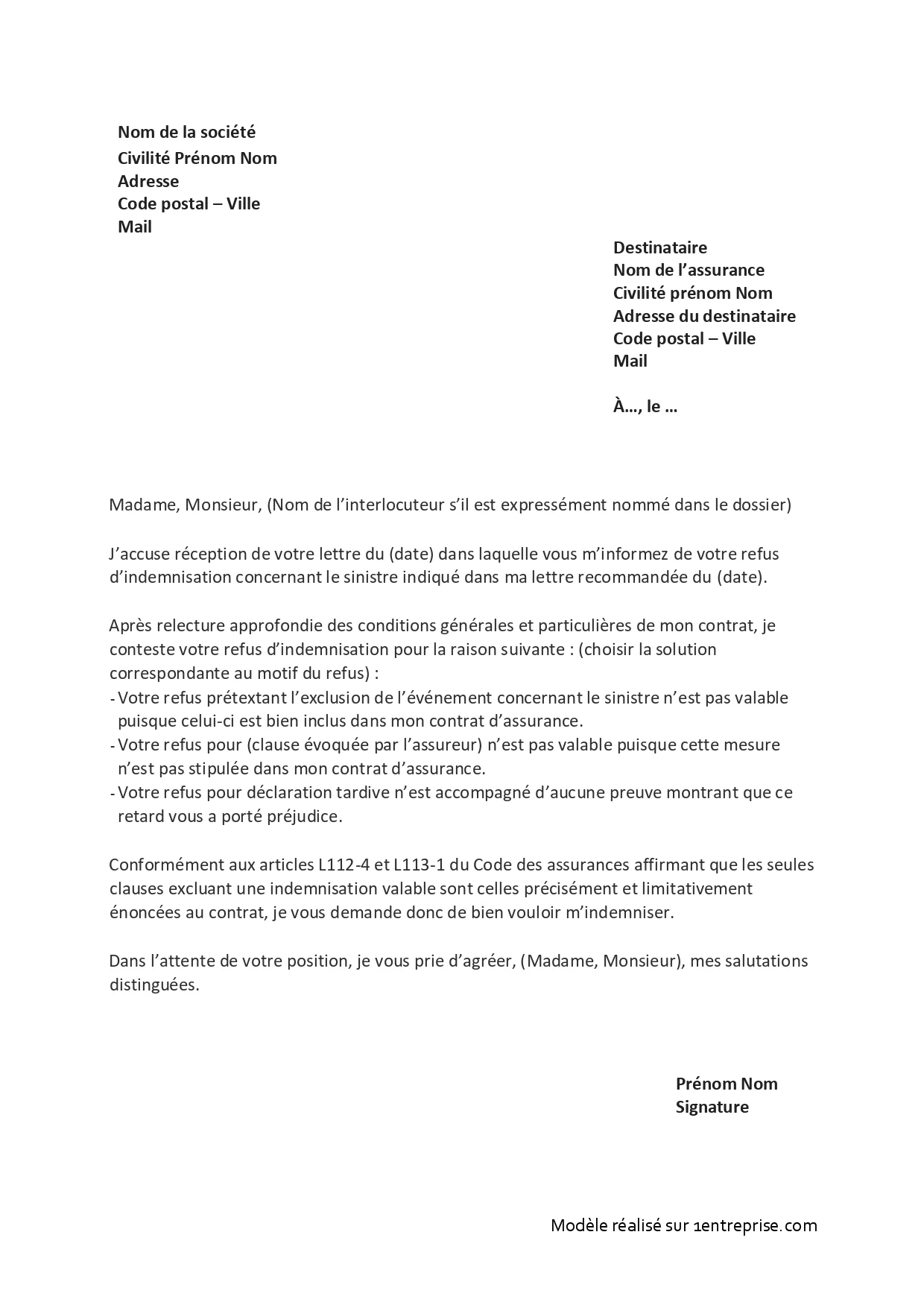 Lettre de contestation refus de prise en charge assurance prêt immobilier