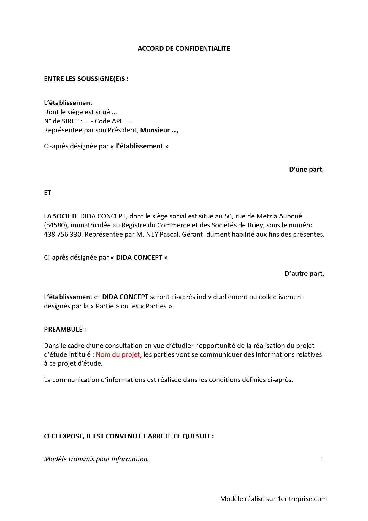 Accord de confidentialité (NDA)