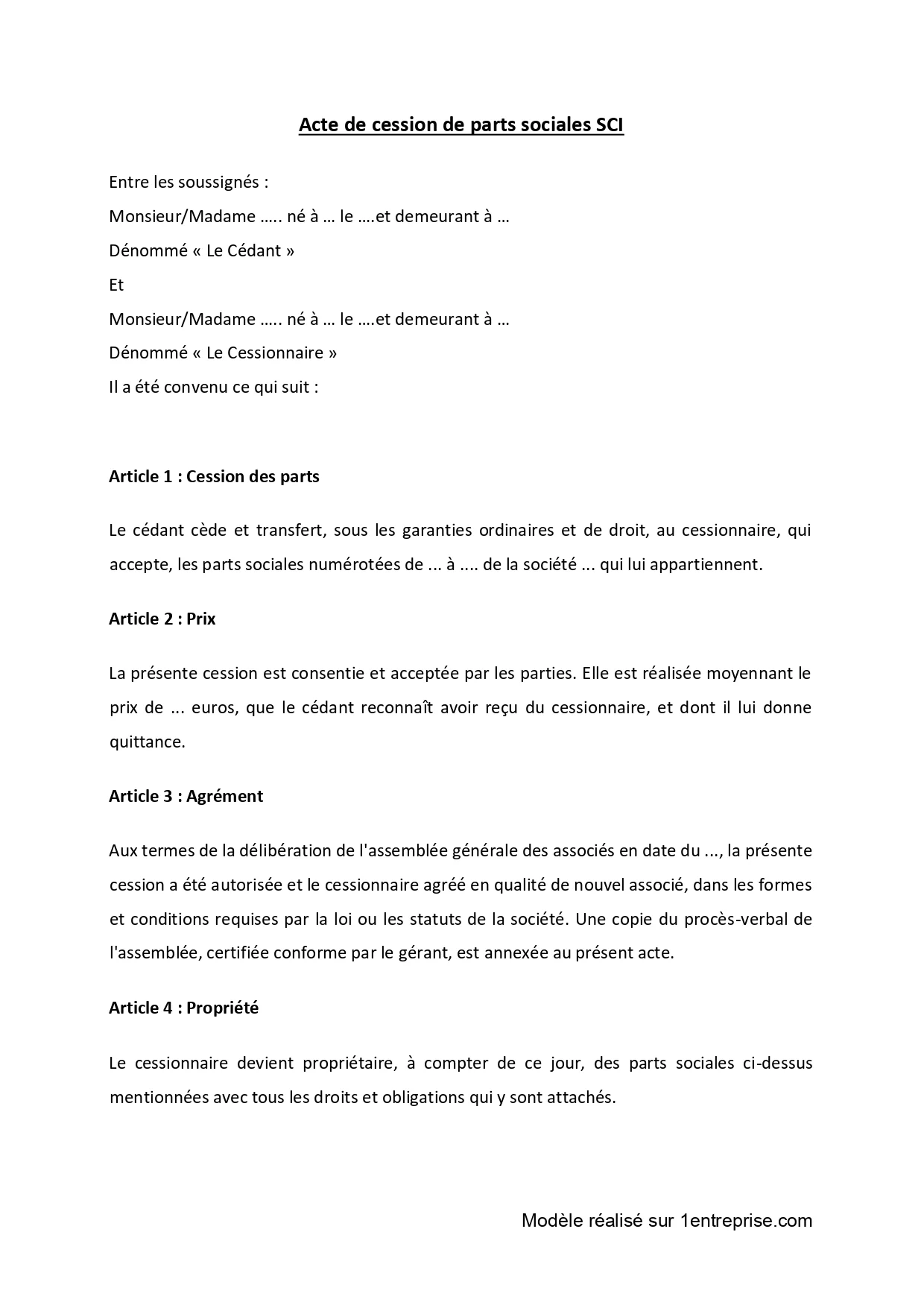 Acte cession parts sociales SCI