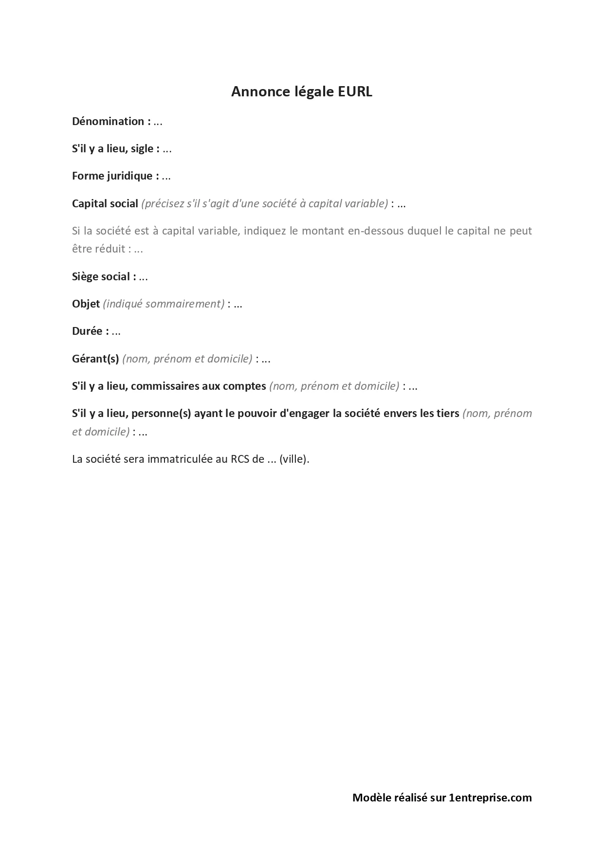 Annonce légale EURL