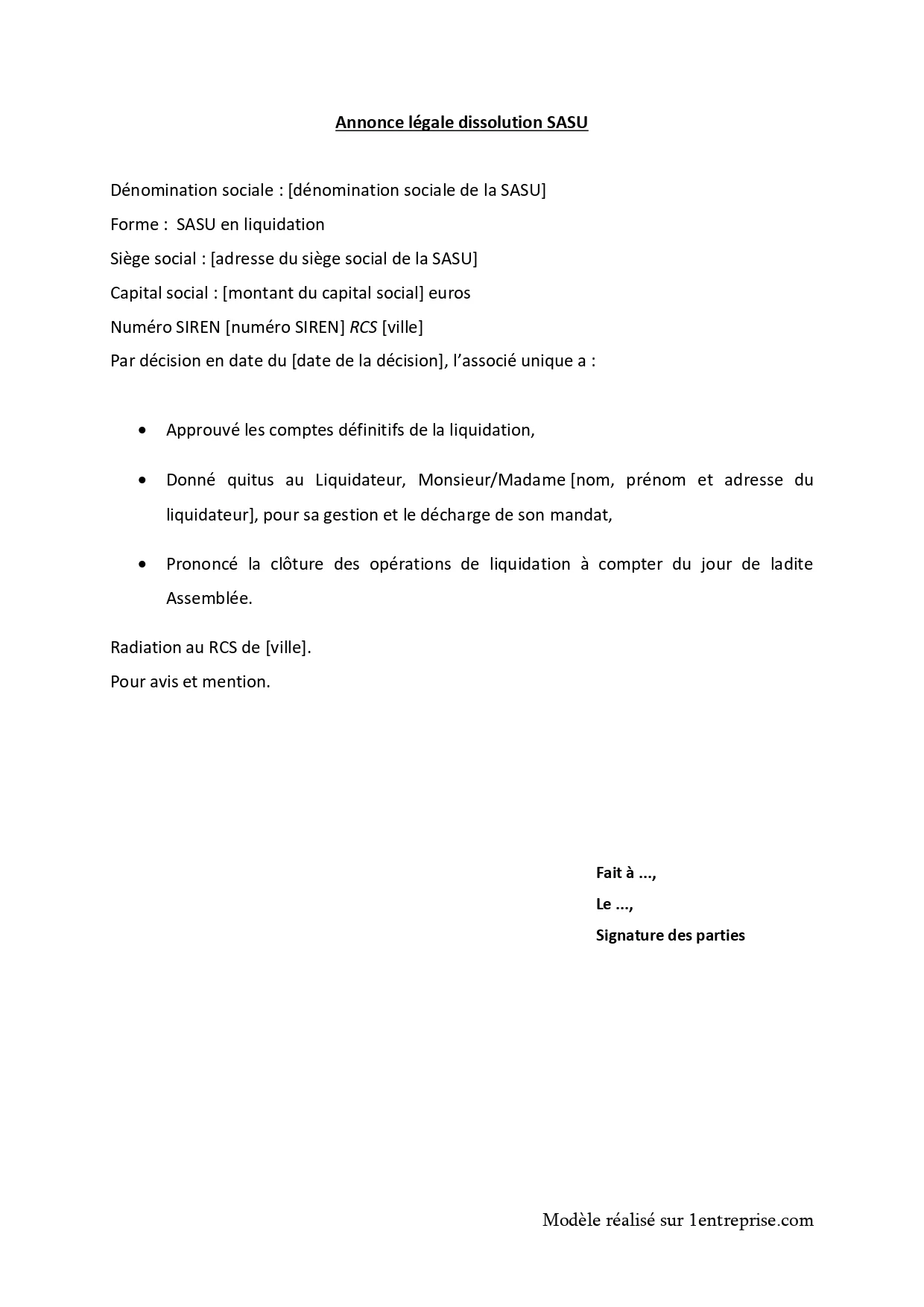 ️Annonce légale dissolution SASU
