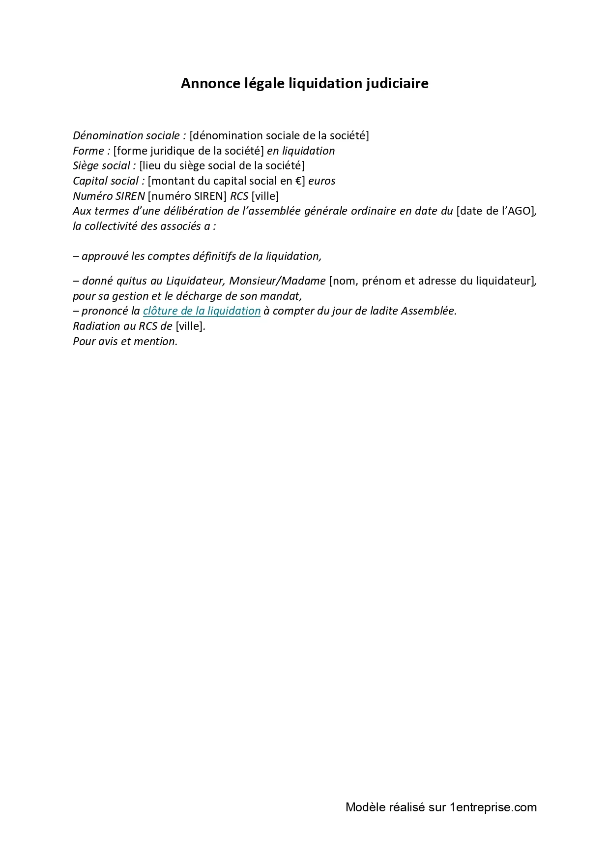 Annonce légale liquidation judiciaire
