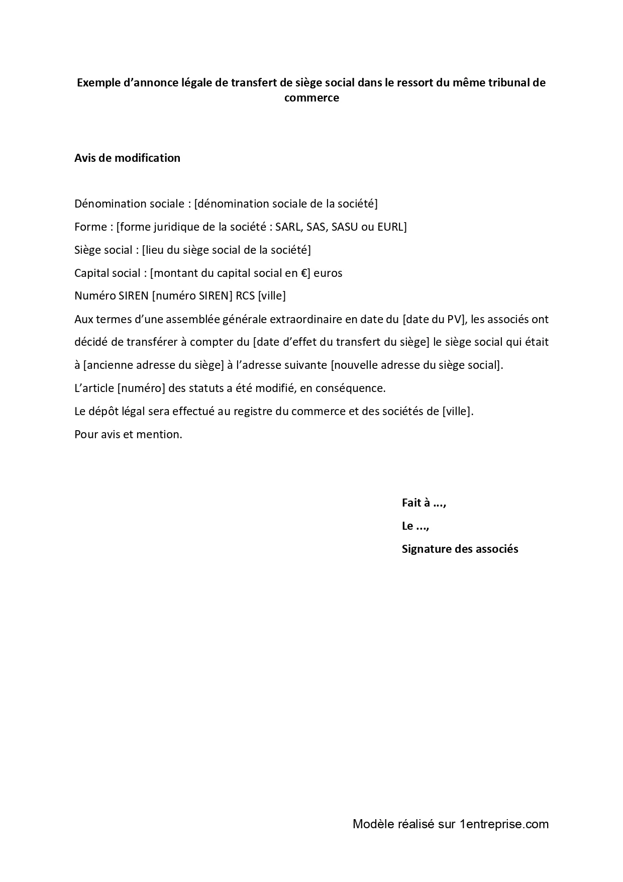 Annonce légale transfert de siège