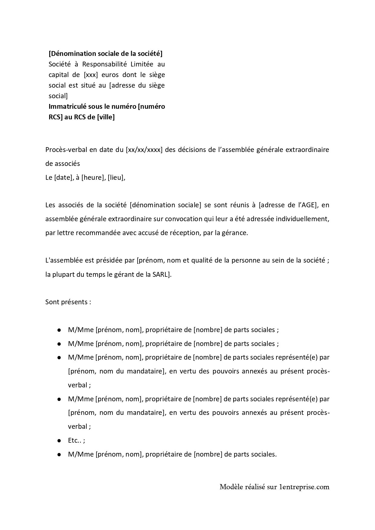 Approbation des comptes SARL