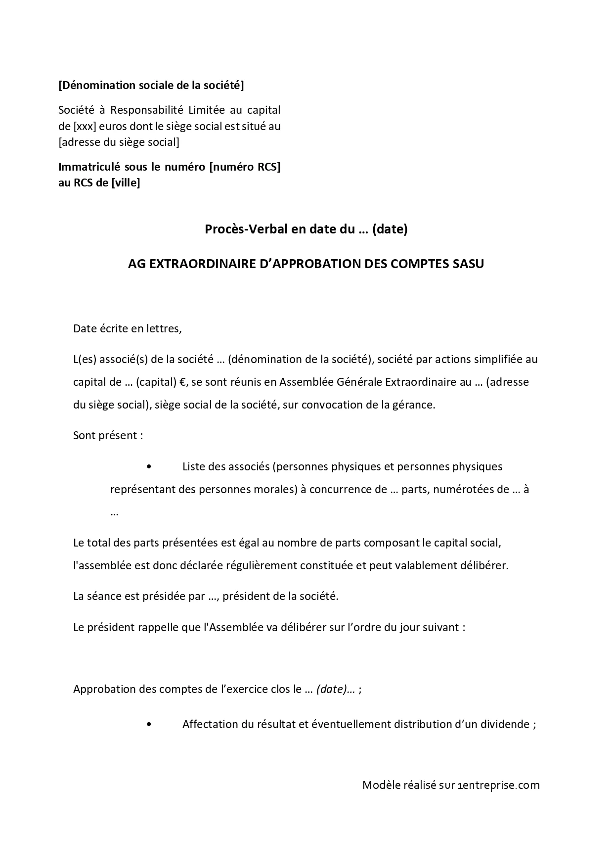 Approbation des comptes SASU