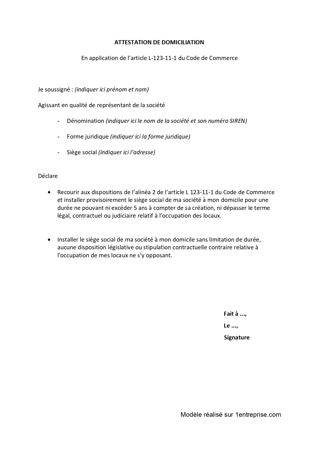 Association : Attestation de domiciliation au domicile du président
