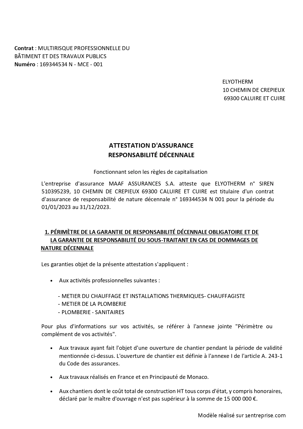 Attestation décennale