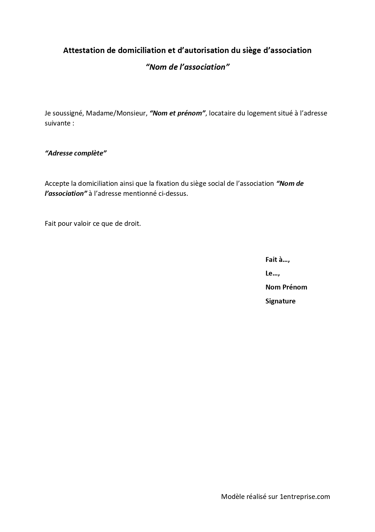 Attestation de domiciliation d’association