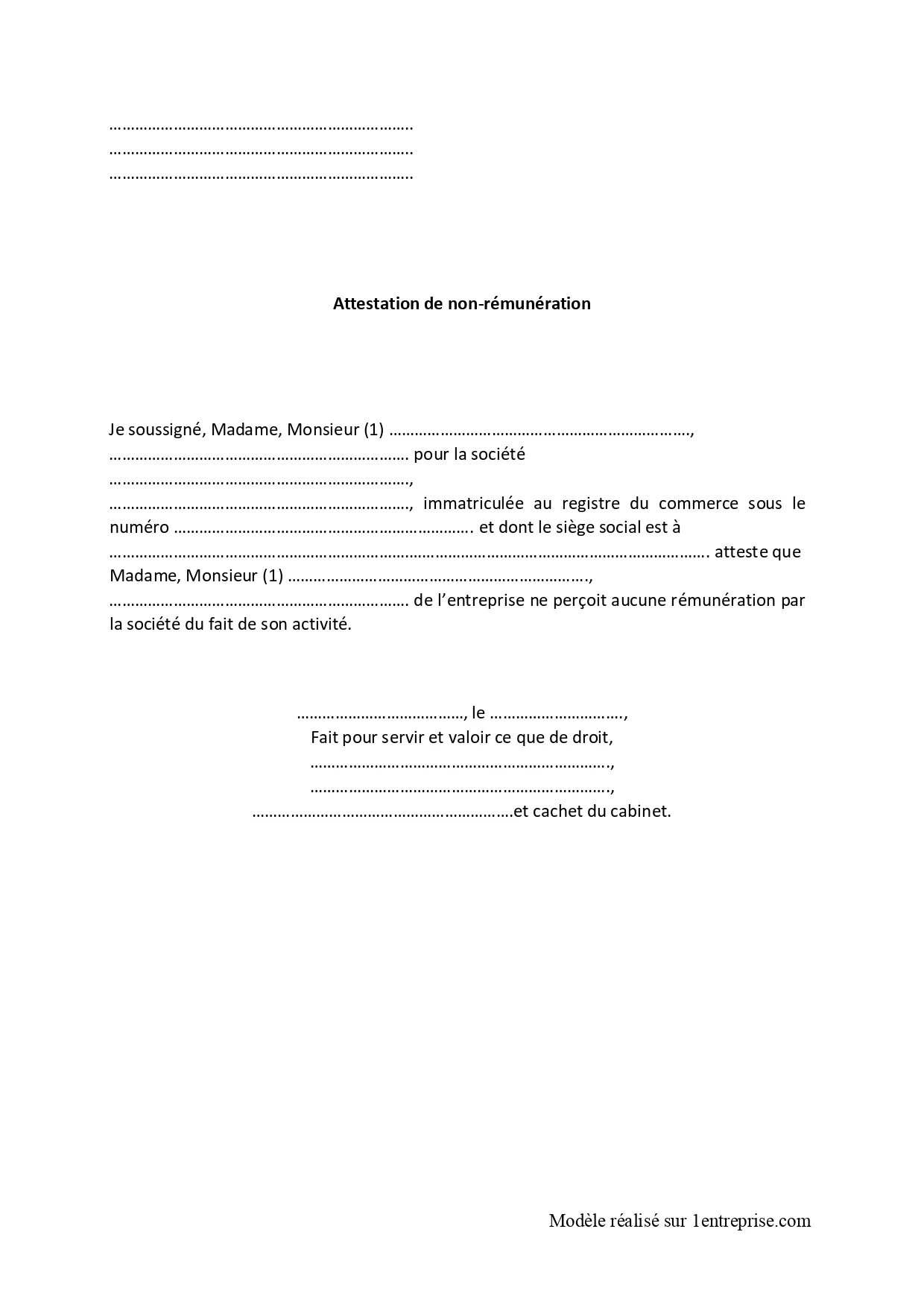 Attestation de non-rémunération