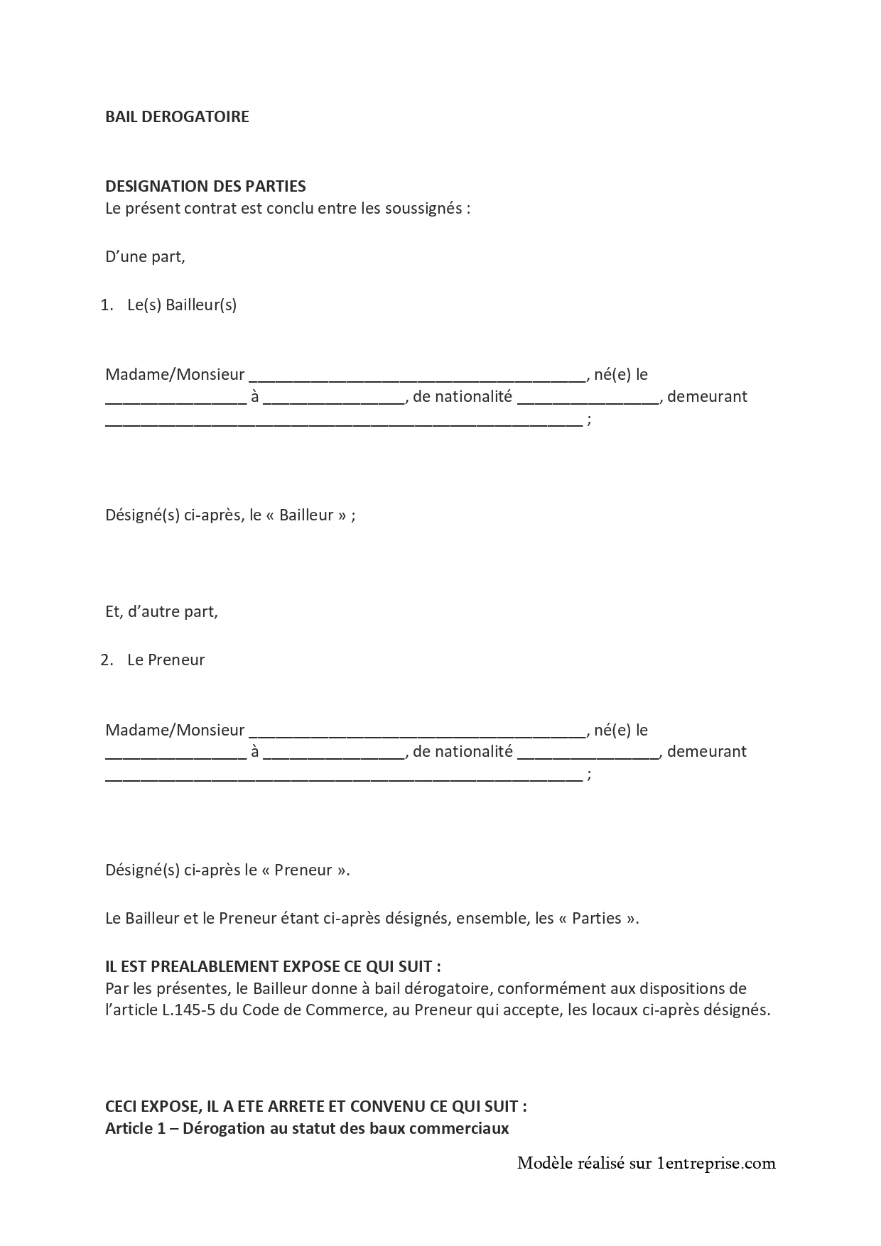 Bail dérogatoire