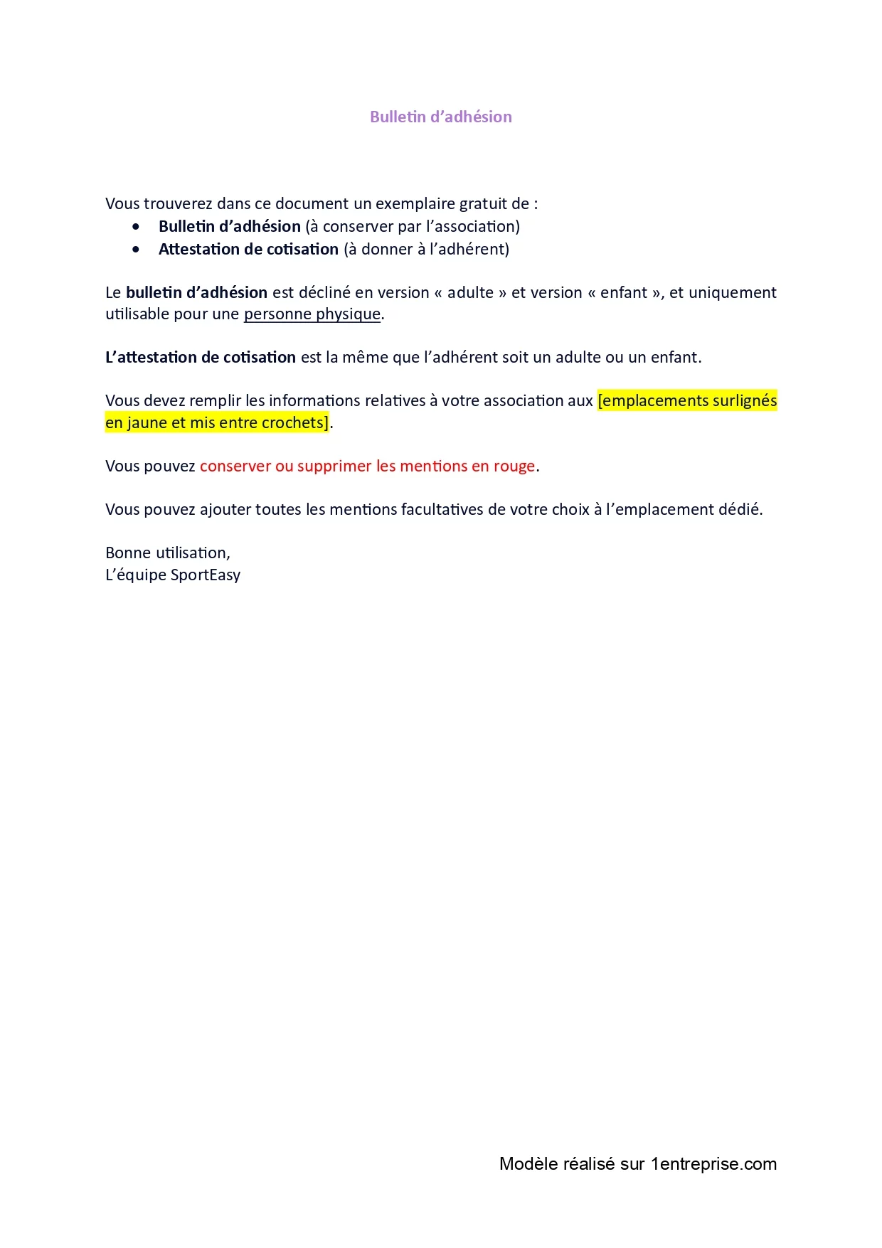Bulletin d’adhésion association