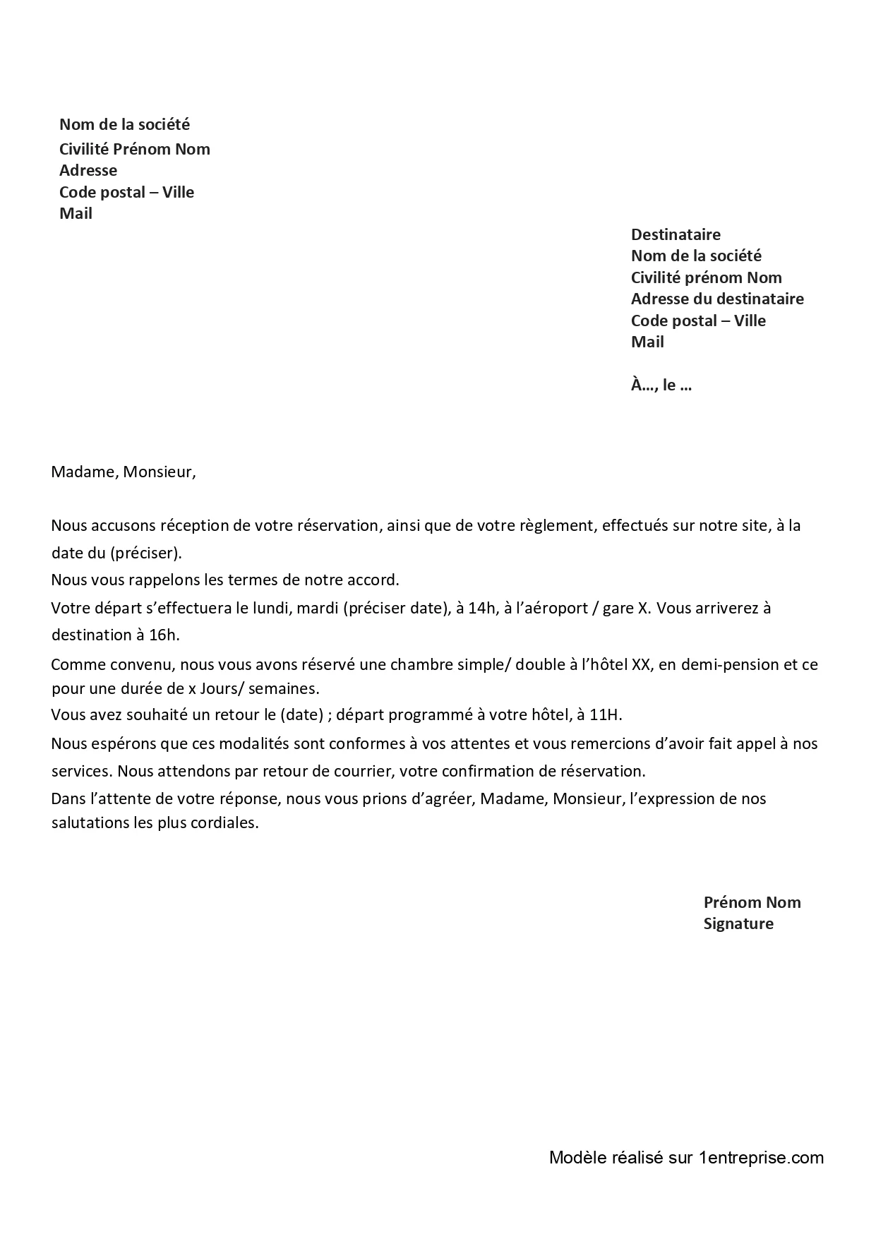 Confirmation des modalités d’un voyage
