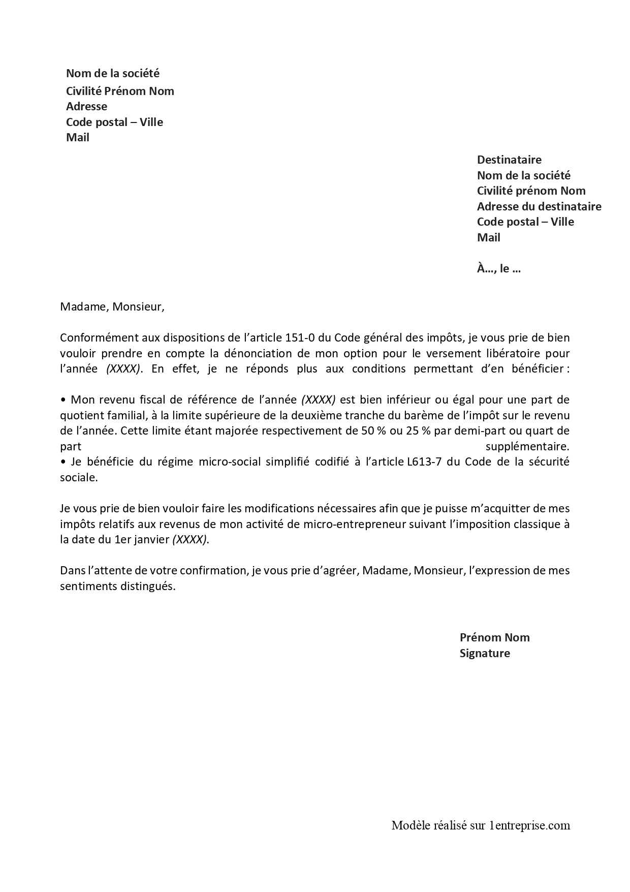 Courrier de dénonciation pour le versement libératoire