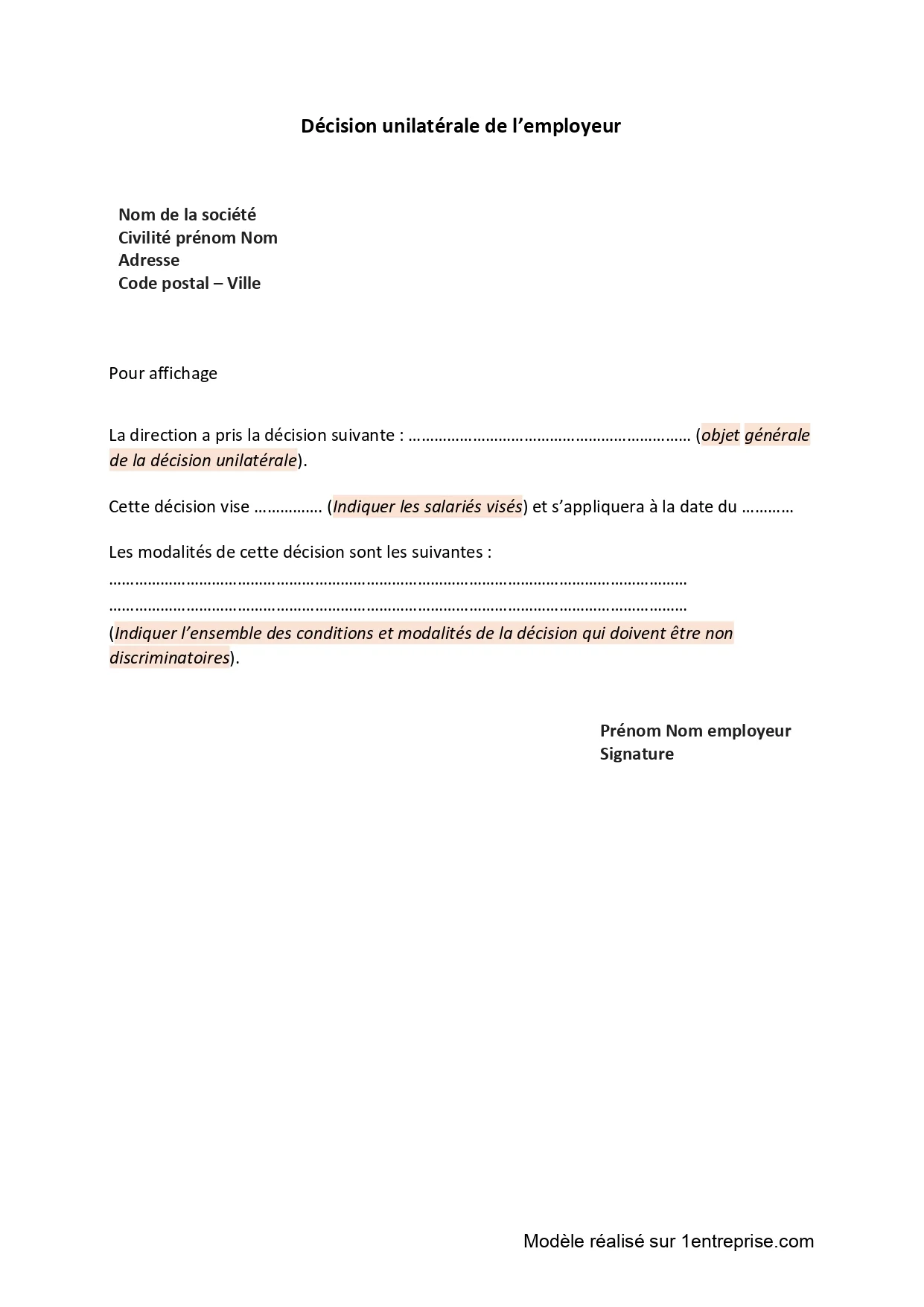 Décision unilatérale de l’employeur Décision unilatérale de l’employeur