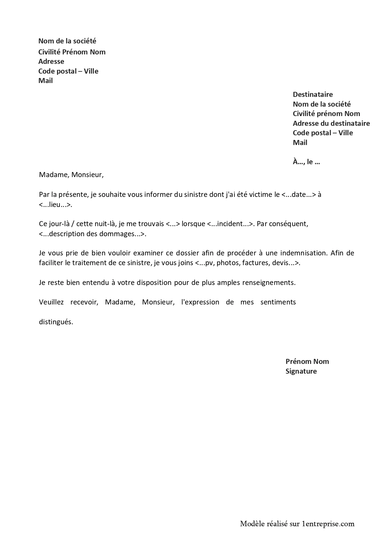️Lettre de déclaration de sinistre