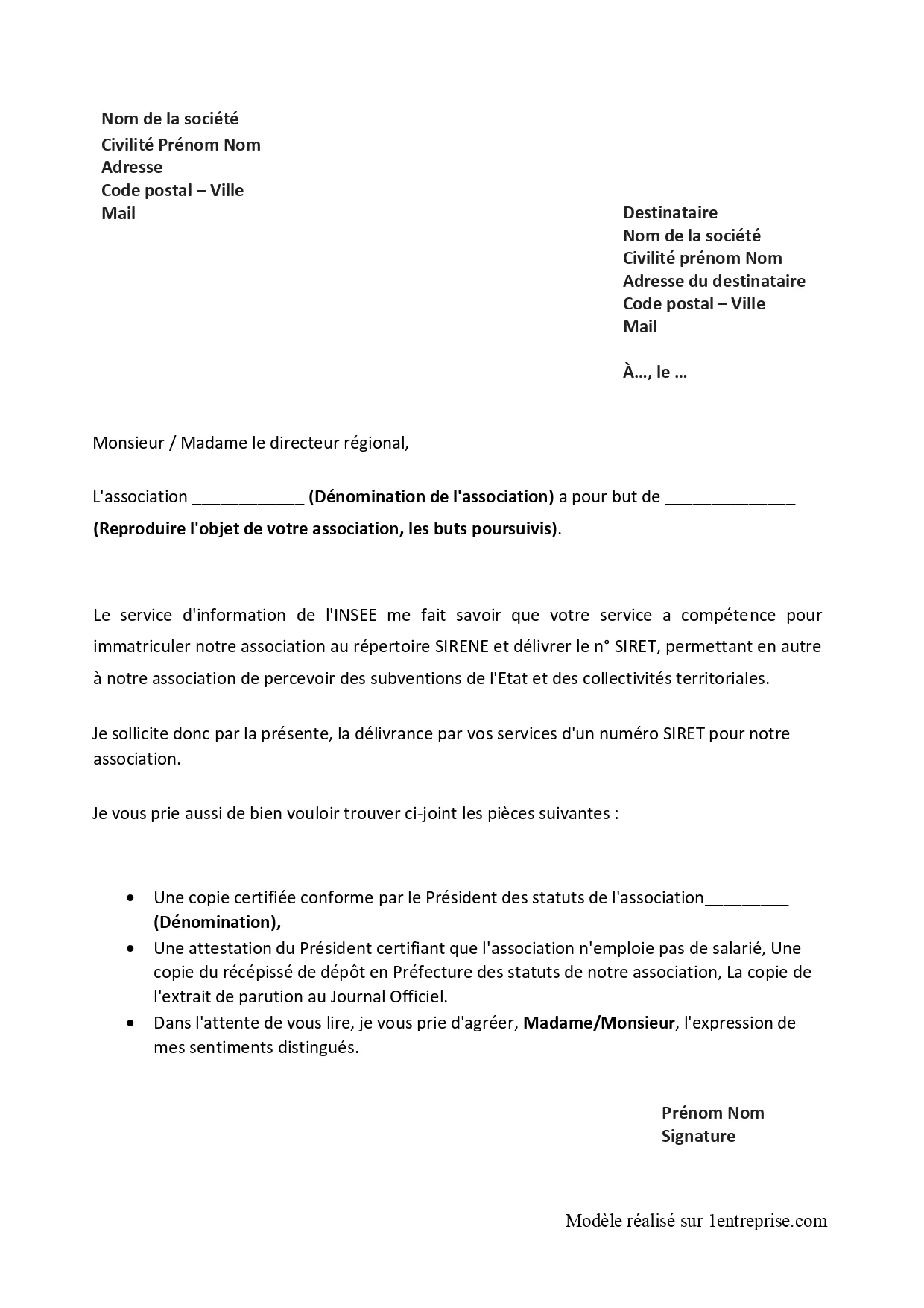 Demande d’attribution d’un numéro SIREN/SIRET pour une association