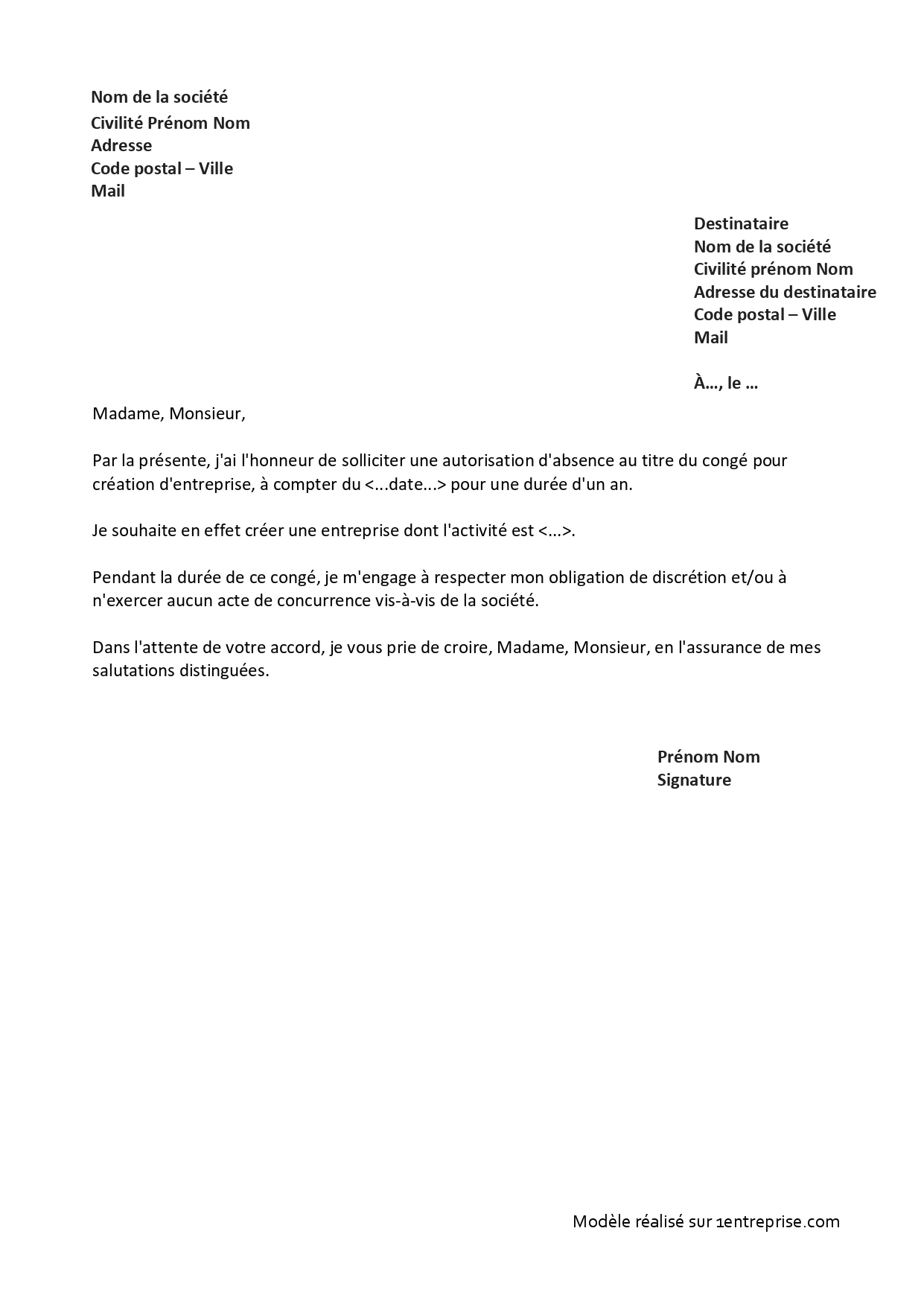 Demande de congé pour création d’entreprise