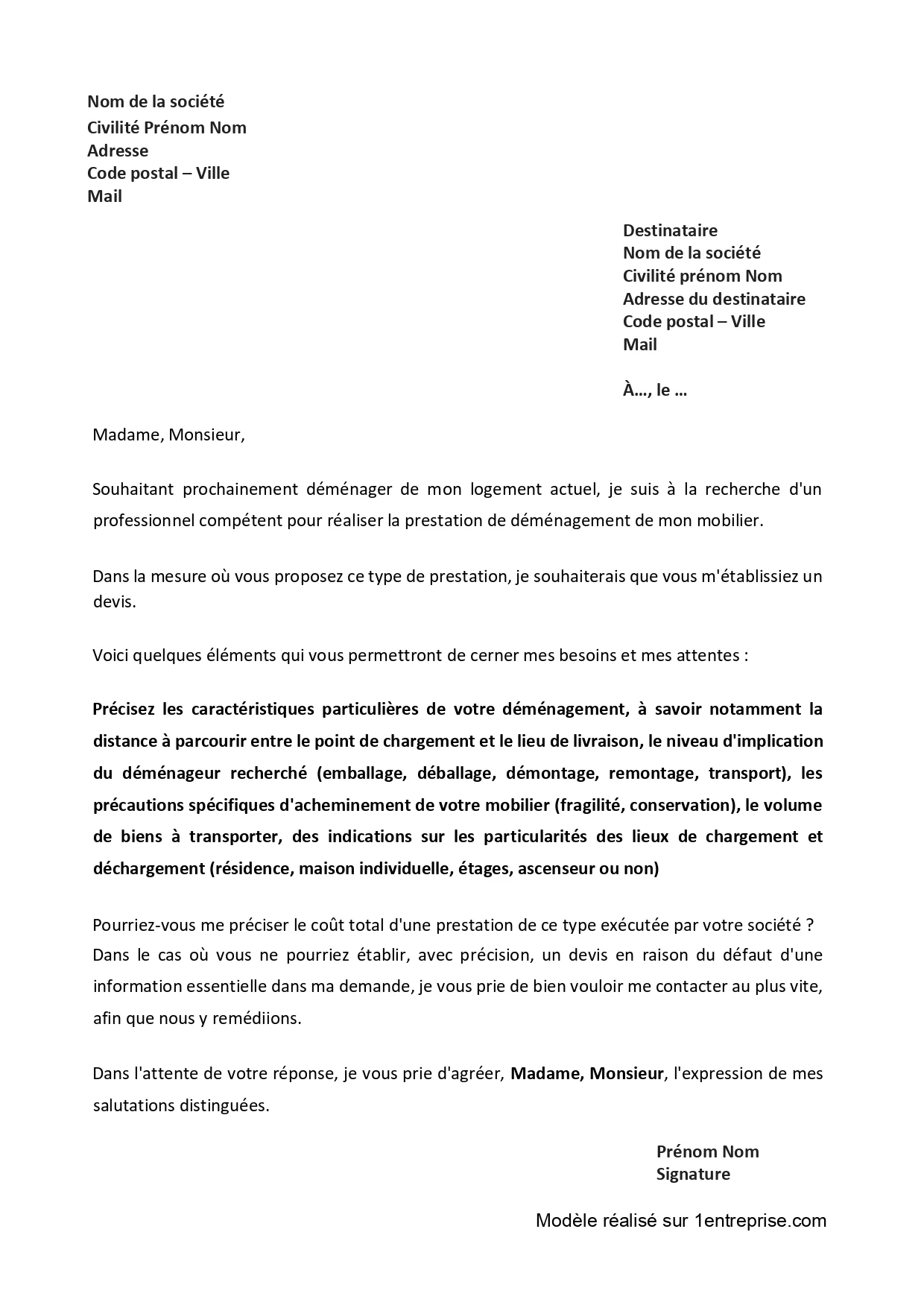 Demande de devis pour un déménagement