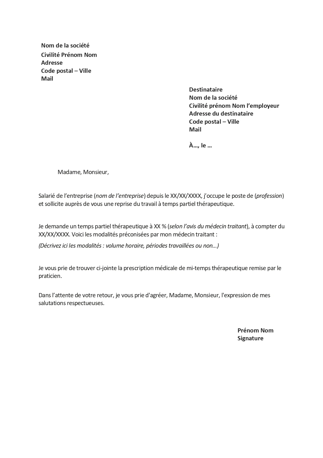 Demande de reprise à mi-temps