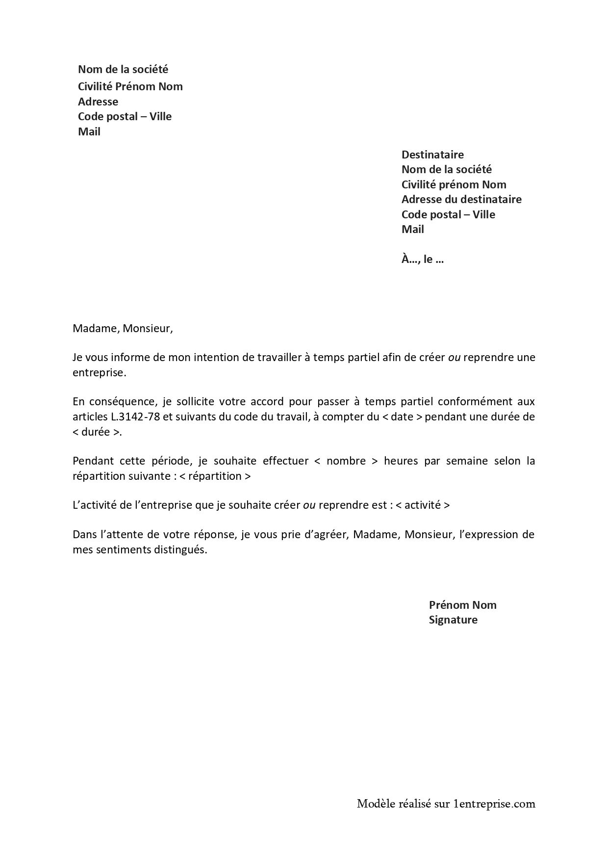 Demande de temps partiel pour création d’entreprise