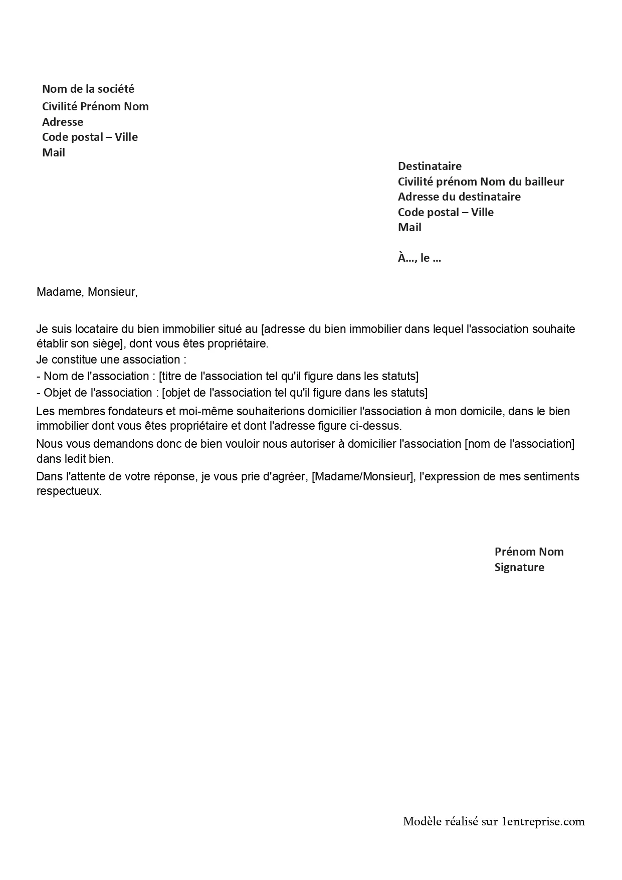 Domiciliation d’une association au bailleur