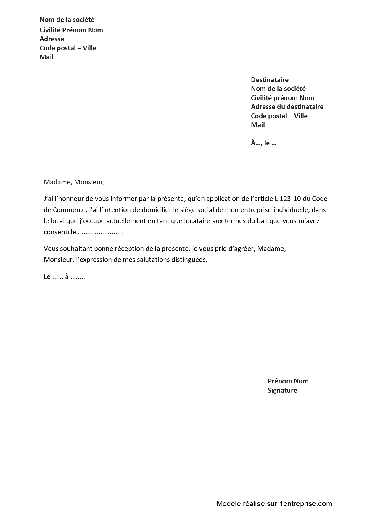 Domiciliation provisoire de l’entreprise à votre domicile (bailleur)