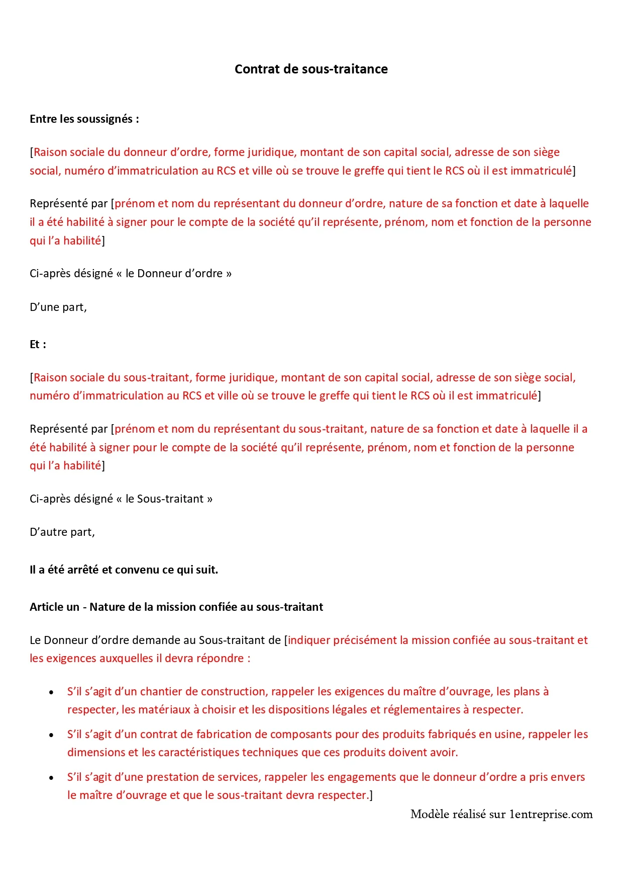 Le contrat de sous traitance
