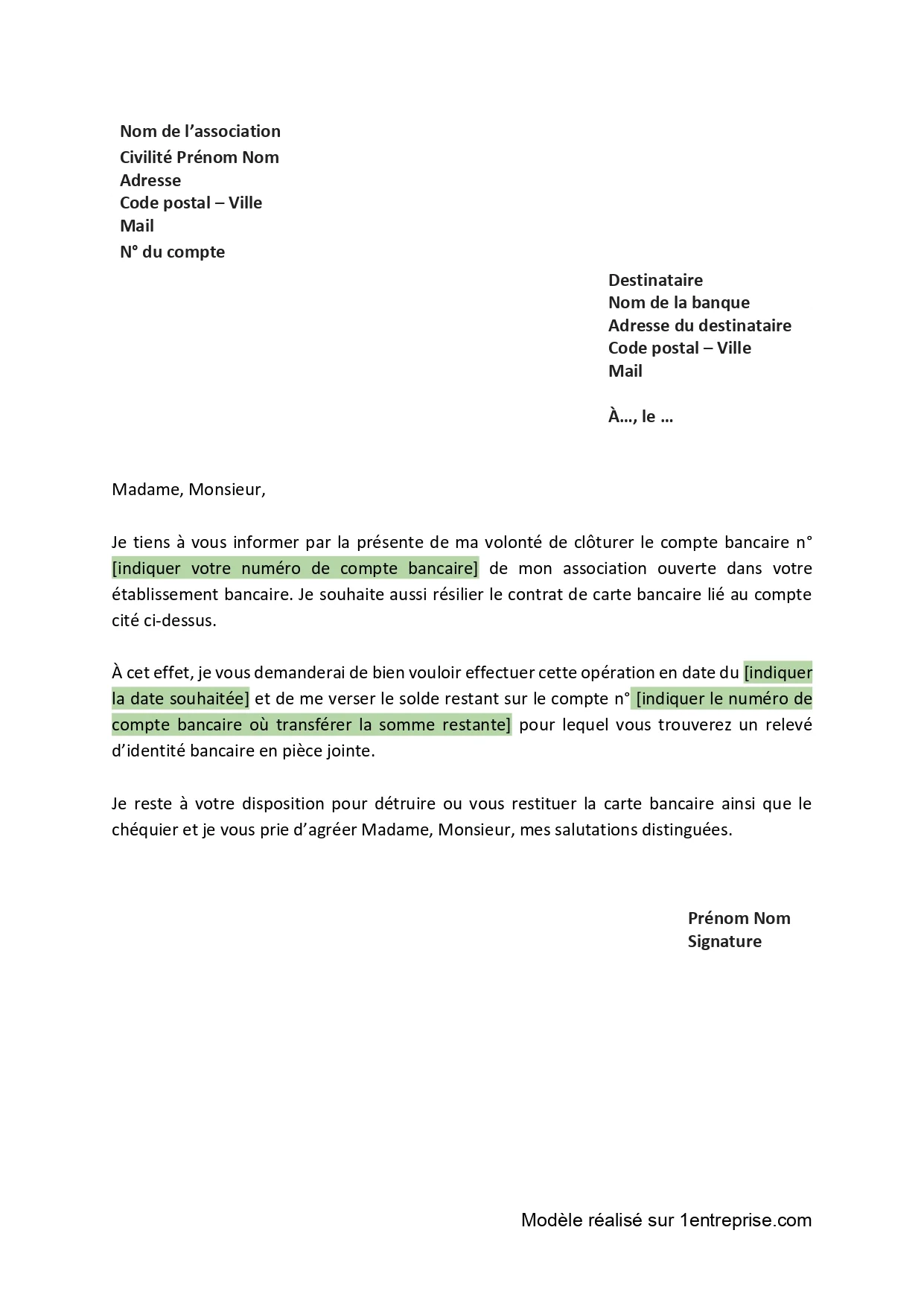 Lettre clôture compte bancaire association