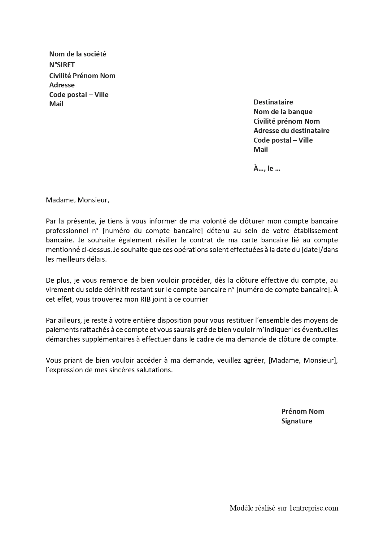 Lettre clôture compte bancaire professionnel